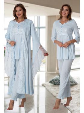 Effortt 3015 Mavi Prenses Sabahlıklı Lohusa Pijama Takımı