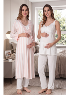 Effortt 9034  Çizgili Sabahlıklı Lohusa Pijama Takımı