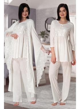 Effortt 3015 Ekru Prenses Sabahlıklı Lohusa Pijama Takımı