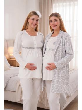 6100 GRİ Sabahlıklı Şardonlu Hamile Lohusa Pijama Takımı