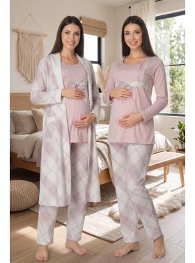 Effortt 8084 Pudra Sabahlıklı Dantelli Lohusa Pijama Takım