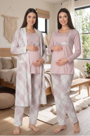 Effortt 8084 Pudra Sabahlıklı Dantelli Lohusa Pijama Takım