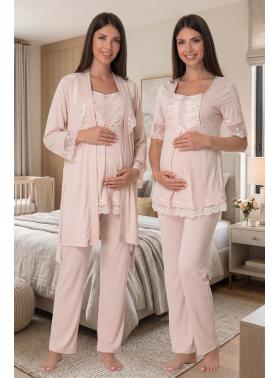 Effortt 6034 Bej Emzirme Özellikli Sabahlıklı Lohusa Pijama Takımı