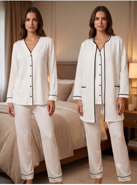 Effortt 7079 Ekru Kapitone Sabahlık Pijama Takımı