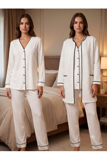 Effortt 7079 Ekru Kapitone Sabahlık Pijama Takımı Effortt 7079 Ekru Kapitone Sabahlık Pijama Takımı