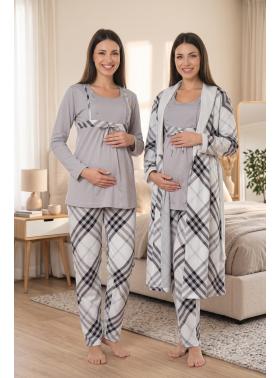 Effortt 8084 Gri Sabahlıklı Dantelli Lohusa Pijama Takım