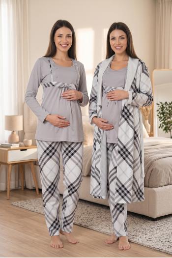 Effortt 8084 Gri Sabahlıklı Dantelli Lohusa Pijama Takım