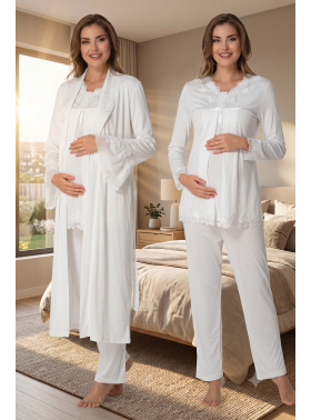 Effortt 7034 Uzun Sabahlıklı Dantelli Lohusa Pijama Takımı