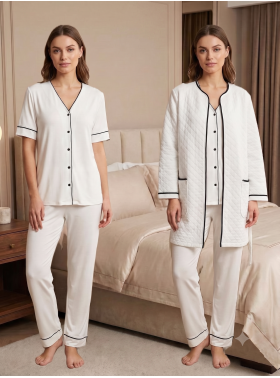 Effortt 7078 Ekru Kapitone Sabahlık Pijama Takımı