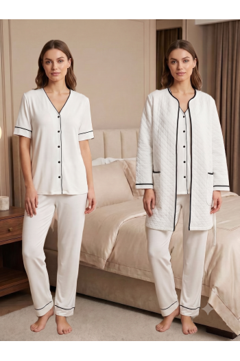 Effortt 7078 Ekru Kapitone Sabahlık Pijama Takımı Effortt 7078 Ekru Kapitone Sabahlık Pijama Takımı