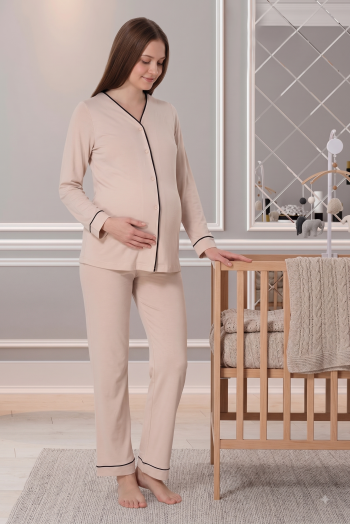Effortt 5072 Sütlü Kahve Önden Düğmeli Lohusa Pijama Takımı