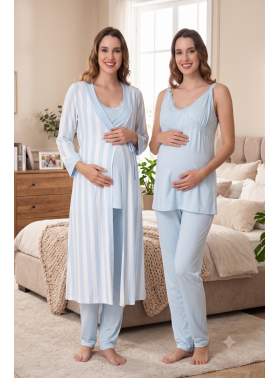 Effortt 9034 MAVİ Çizgili Sabahlıklı Lohusa Pijama Takımı