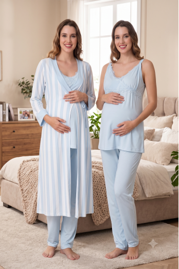 Effortt 9034 MAVİ Çizgili Sabahlıklı Lohusa Pijama Takımı