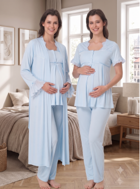 Effortt 7024 Mavi Fisto Dantelli Sabahlıklı Hamile Pijama Takımı