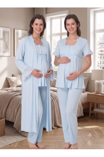Effortt 7024 Mavi Fisto Dantelli Sabahlıklı Hamile Pijama Takımı Effortt 7024 Mavi Fisto Dantelli Sabahlıklı Hamile Pijama Takımı