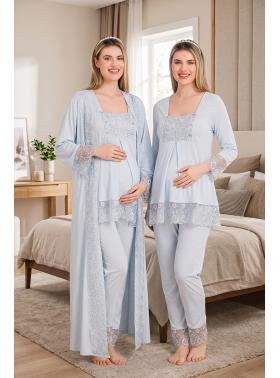 Dantelli Maavi Uzun Kollu Lohusa Hamile Pijama Takımı Sabahlık 33004