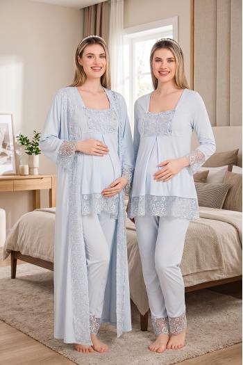Dantelli Maavi Uzun Kollu Lohusa Hamile Pijama Takımı Sabahlık 33004 Dantelli Maavi Uzun Kollu Lohusa Hamile Pijama Takımı Sabahlık 33004