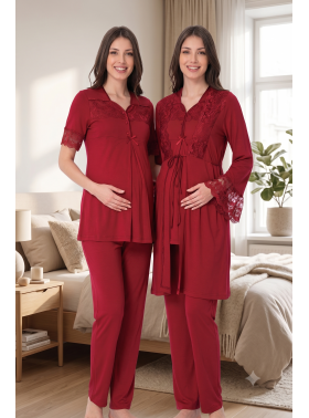 Effortt 9014 Vişne Sabahlıklı Lohusa Pijama Takımı
