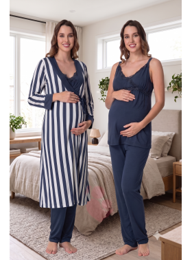Effortt 9034 LACİVERT Çizgili Sabahlıklı Lohusa Pijama Takımı