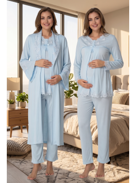Effortt 7034 Mavi Uzun Sabahlıklı Dantelli Lohusa Pijama Takımı