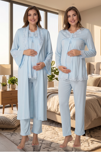 Effortt 7034 Mavi Uzun Sabahlıklı Dantelli Lohusa Pijama Takımı Effortt 7034 Mavi Uzun Sabahlıklı Dantelli Lohusa Pijama Takımı