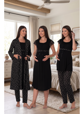 Effortt 6016 Siyah Dantel Detaylı Hamile Lohusa 4lü Set