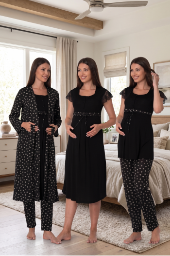 Effortt 6016 Siyah Dantel Detaylı Hamile Lohusa 4lü Set Effortt 6016 Siyah Dantel Detaylı Hamile Lohusa 4lü Set