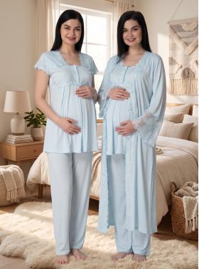 Effortt 5011 Mavi Uzun Prenses Sabahlıklı Lohusa Pijama Takımı