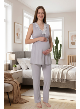 Effortt 8032 Gri Lohusa Hamile Pijama Takım