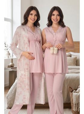 Effortt 8034 Pudra Lohusa Hamile Pijama Takım Sabahlık