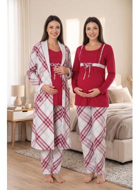 Effortt 8084 Vişne Sabahlıklı Dantelli Lohusa Pijama Takım