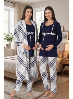 Effortt 8084 Lacivert Sabahlıklı Dantelli Lohusa Pijama Takım