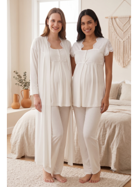 Effortt 5084 Ekru Fisto Yaka Kısa Kol Lohusa Pijama ve Sabahlık Takım