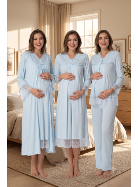Effortt 7046 Mavi Güpür Dantelli Lohusa Hamile 4'lü Set