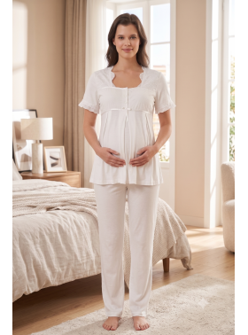 Effortt 7022 Ekru Fisto Dantelli Hamile Lohusa Pijama Takımı