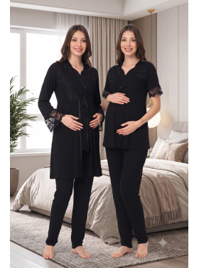 Effortt 9014 Siyah  Sabahlıklı Lohusa Pijama Takımı