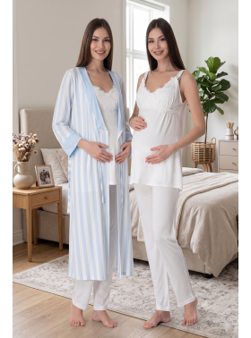 Effortt 9034 Mavi Çizgili Sabahlıklı Lohusa Pijama Takımı