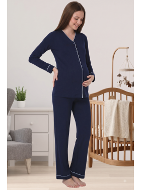 Effortt 5072 Lacivert Önden Düğmeli Lohusa Pijama Takımı