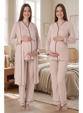 Effortt 5074 Sütlü Kahve Düğmeli Sabahlıklı Lohusa Pijama Takımı