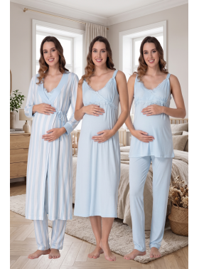 Effortt 9036 Mavi Çizgili Sabahlıklı Lohusa 4lü Set