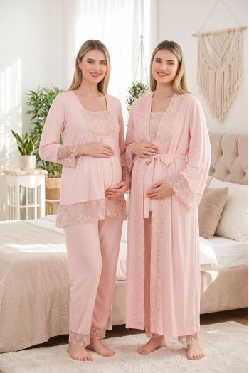 Dantelli Pudra Uzun Kollu Lohusa Hamile Pijama Takımı Sabahlık 33004