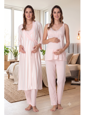 Effortt 9034 PUDRA Çizgili Sabahlıklı Lohusa Pijama Takımı