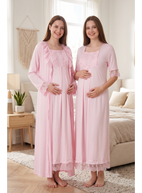 Effortt 6035 PEMBE Dantelli Sabahlıklı Lohusa Gecelik Takımı
