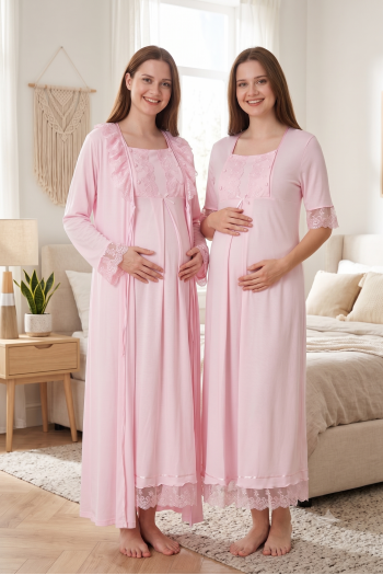 Effortt 6035 PEMBE Dantelli Sabahlıklı Lohusa Gecelik Takımı Effortt 6035 PEMBE Dantelli Sabahlıklı Lohusa Gecelik Takımı