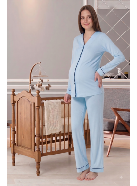 Effortt 5072 Mavi Önden Düğmeli Lohusa Pijama Takımı