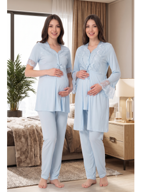 Effortt 9014 Mavi Sabahlıklı Lohusa Pijama Takımı