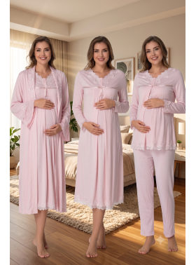 Effortt 7036 Pudra Pembe Dantel Yaka Lohusa Hamile 4'lü Set