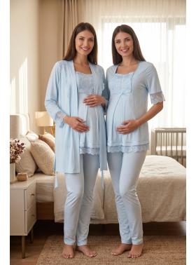 Effortt 6034 Mavi  Emzirme Özellikli Sabahlıklı Lohusa Pijama Takımı