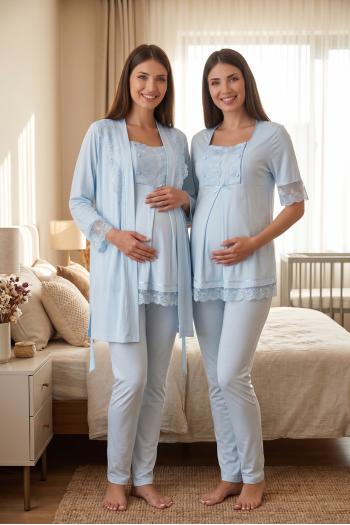Effortt 6034 Mavi Emzirme Özellikli Sabahlıklı Lohusa Pijama Takımı Effortt 6034 Mavi Emzirme Özellikli Sabahlıklı Lohusa Pijama Takımı