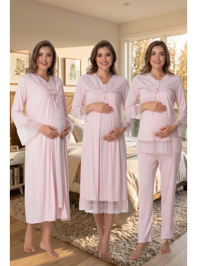 Effortt 7046 Pudra Güpür Dantelli Lohusa Hamile 4'lü Set